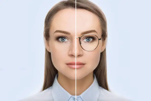 female face, cut in half to present before and after checking vision. Woman face without glasses and with glasses