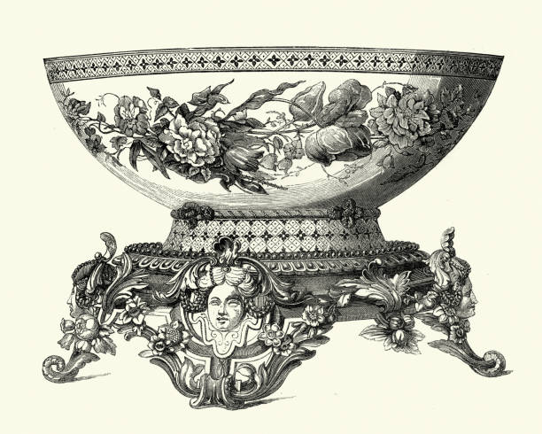 Victorian decor, Pocelain bowl, 1850s Vintage engraving of Victorian decor, Bowl, 1850s, 19th Century. by Royal Porcelain Manufactory at Sevres antique fruit bowl stock illustrations