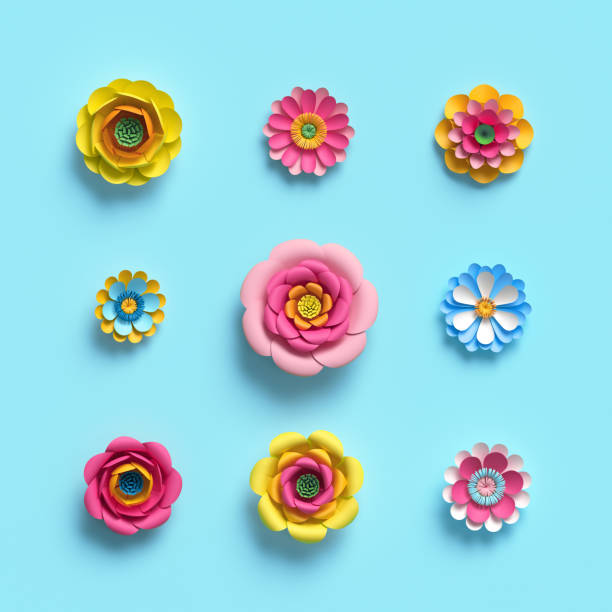 istock 3d render, craft paper flowers, floral clip art set, botanical design elements, bright candy color, isolated on sky blue background, decorative embellishment 945678056