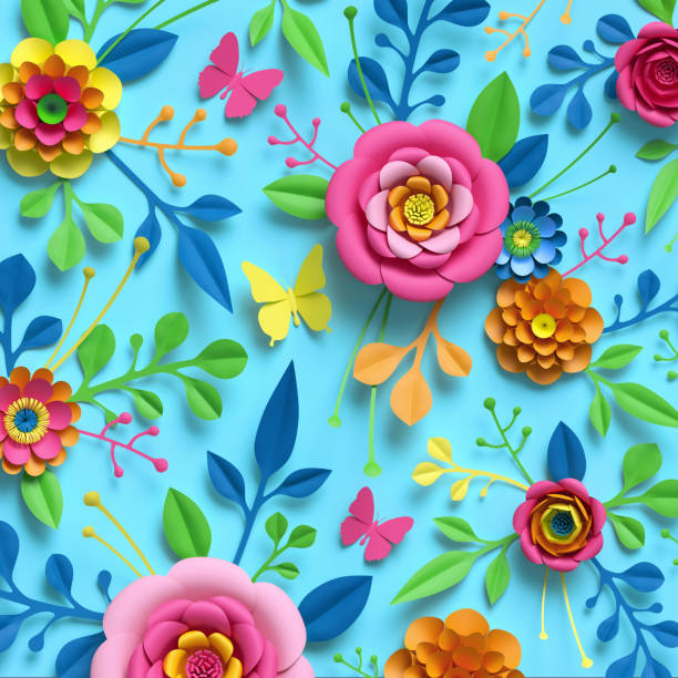 istock 3d render, craft paper flowers, floral pattern, botanical ornament, bright candy colors, nature clip art isolated on sky blue background, decorative embellishment 945678070