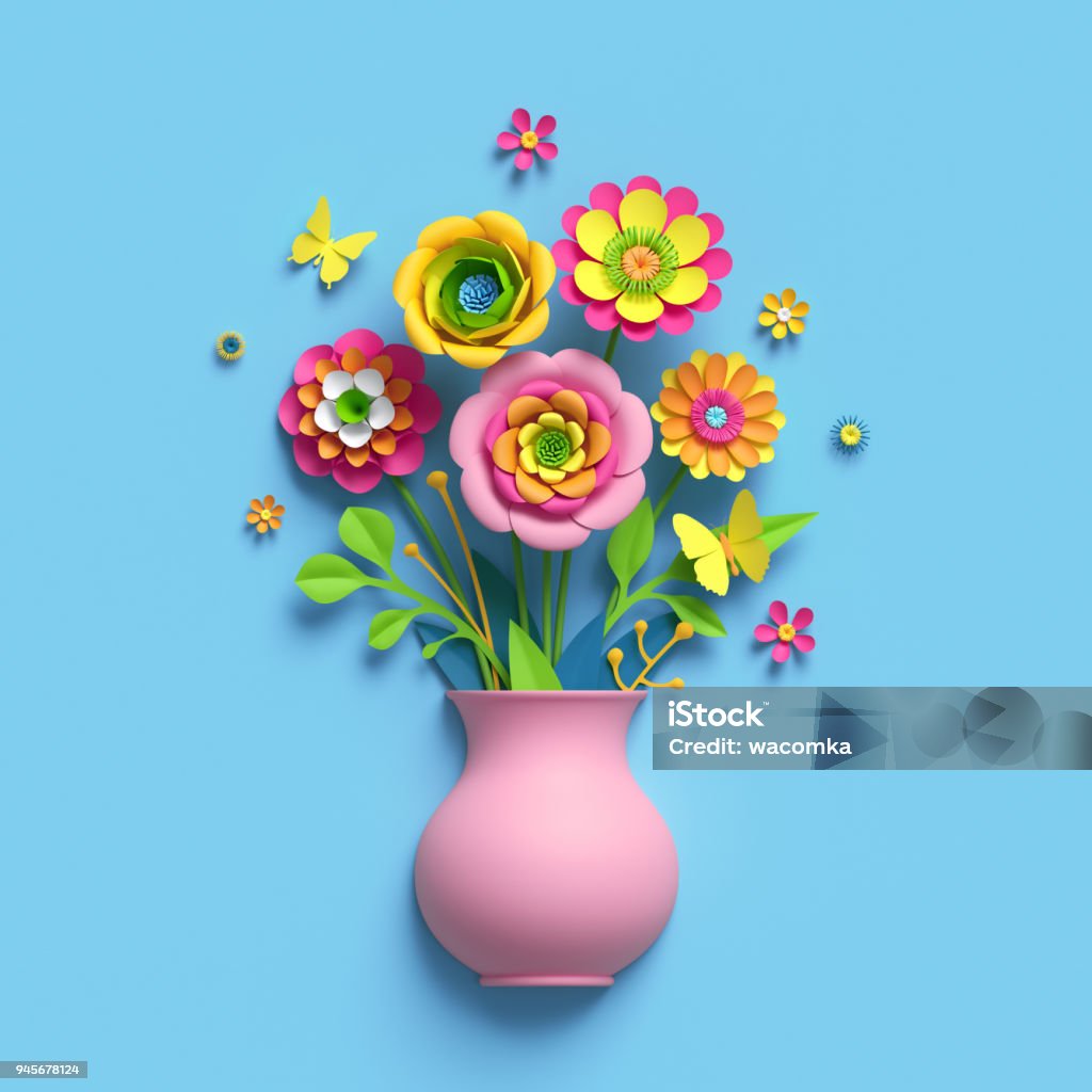 Render 3d Arte De Papel Flores Florero De Rosa Bouquet Floral Arreglo Botánico Caramelo Brillante Colores Prediseñadas De Carácter Aislado Sobre Fondo Azul De Cielo Plantilla De Tarjeta De Felicitación Foto de Render 3d Arte De Papel Flores Florero De Rosa Bouquet Floral Arreglo Botánico Caramelo Brillante Colores Prediseñadas De Carácter Aislado Sobre Fondo Azul De Cielo Plantilla De Tarjeta De Felicitación Foto de