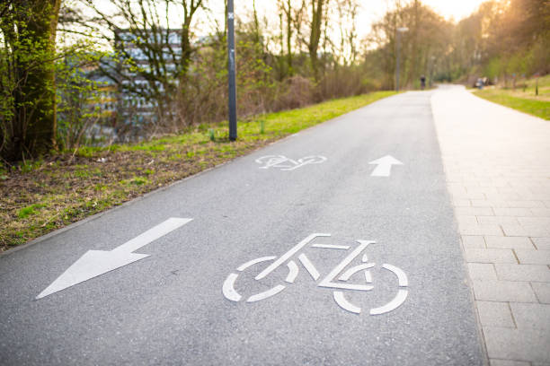 ciclovia com marcações através do parque em hamburgo, alemanha - bicycle sign symbol bicycle lane - fotografias e filmes do acervo