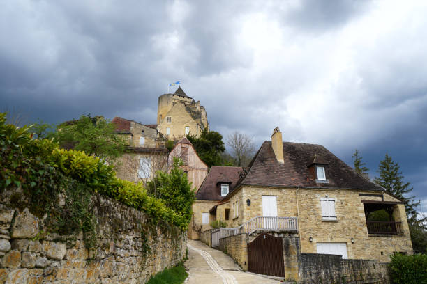 Castelnaud village, Dordogne valley, dark clouds, dramatic sky