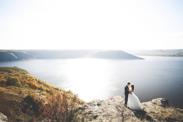 istock Happy wedding couple staying over beautiful landscape 945695078