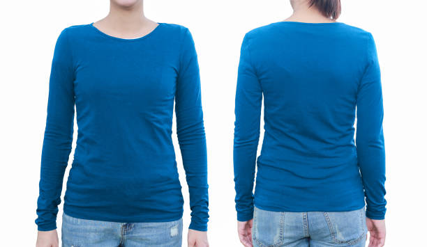 istock Young female with blank blue shirt, front and back. with clipping path 945696120