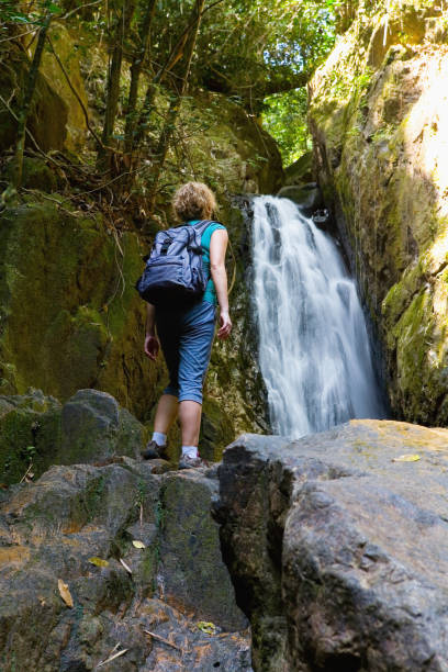 istock A girl with a backpack is standing near a picturesque waterfall. 945711692