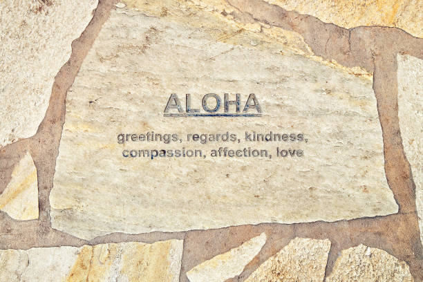 Explanation of the word Aloha on hawaiian side walk.