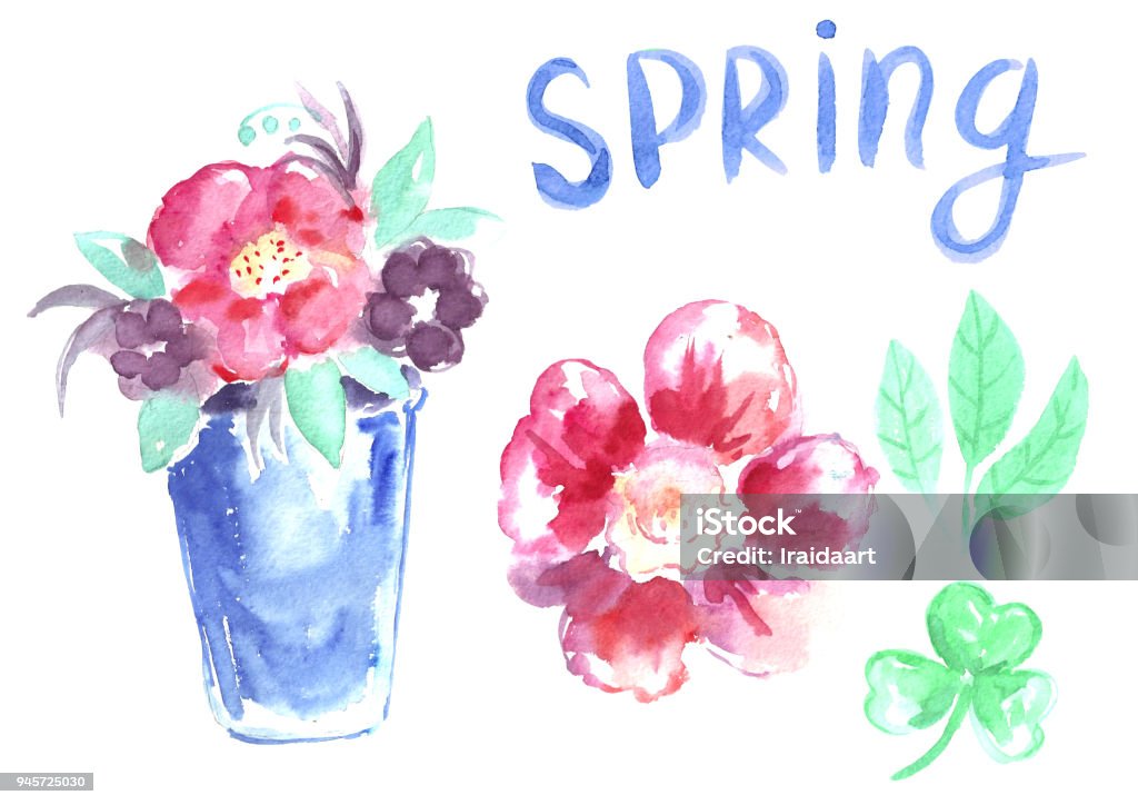 flowers Watercolor spring set. Flower Pot stock illustration