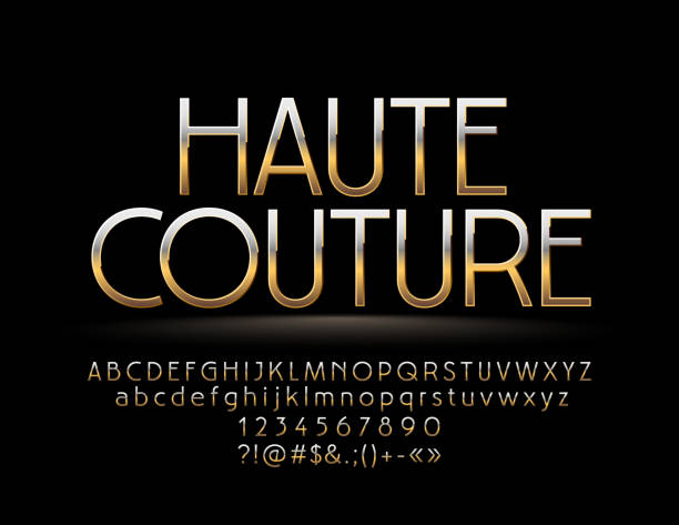 Elegant Golden reflective Sign Haute Couture Chic style Font. Elite Alphabet Letters, Numbers and Symbols classic metal stock illustrations