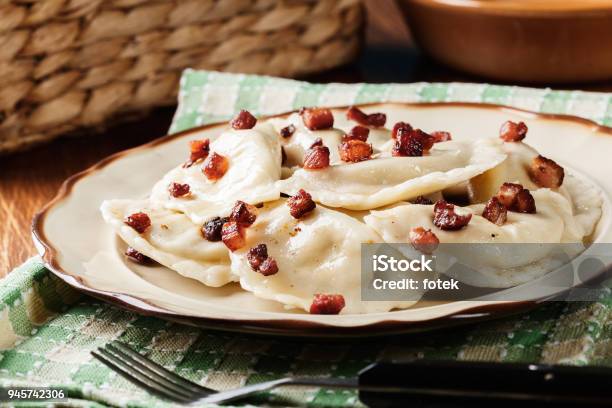 Dumplings With Meat Or Cabbage And Mushroom Or Cheese Seasoned Fried Bacon Stock Photo - Download Image Now