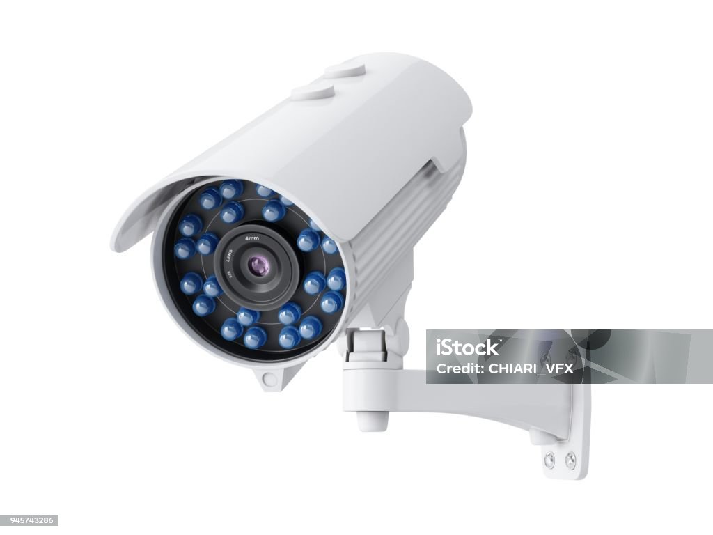 3D rendering security camera on white background 3D rendering security camera on white background. Security Camera Stock Photo