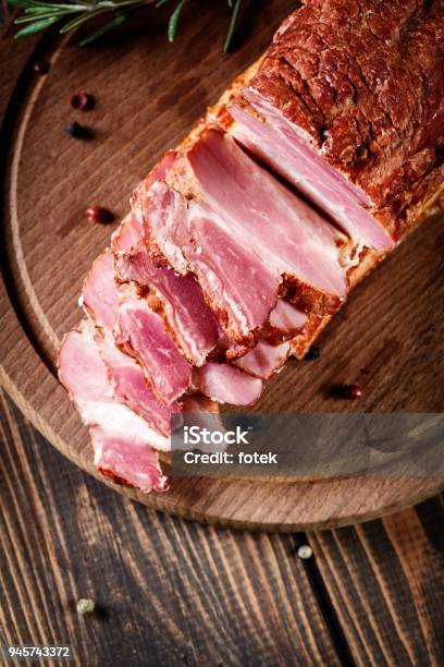 Smoked Bacon With Chopped Slices Ready To Prepare A Traditional Stock Photo - Download Image Now