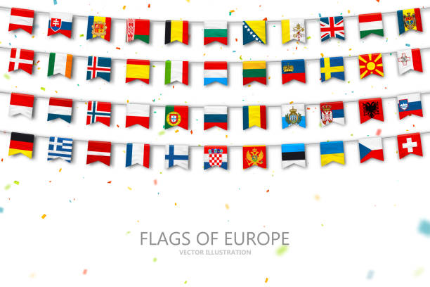 bunte flaggen verschiedener länder europas und weltweit mit konfetti. festliche girlanden aus den internationalen wimpel. bunting flags. - bunte fähnchen stock-grafiken, -clipart, -cartoons und -symbole