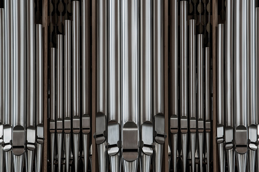 Detail of the church organ of the Hallgrímskirkja; a Lutheran parish church in Reykjavík, Iceland.