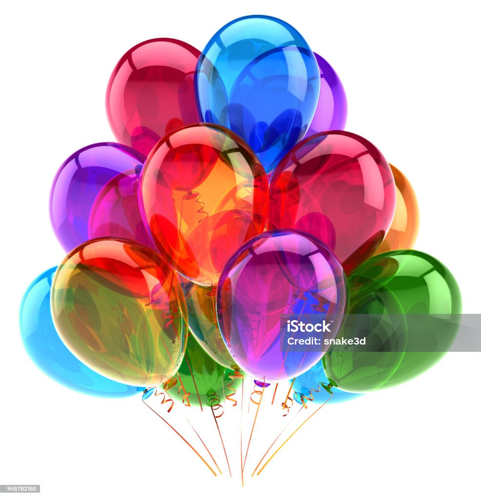 Balloons party happy birthday decoration multicolored glossy Balloons party happy birthday decoration beautiful multicolored translucent glossy. Holiday anniversary celebrate greeting card background. 3d illustration Balloon Stock Photo