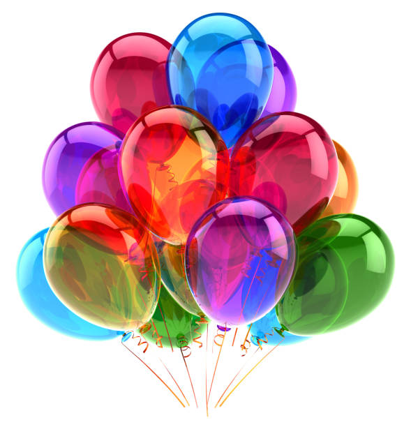 Balloons party happy birthday decoration multicolored glossy Balloons party happy birthday decoration beautiful multicolored translucent glossy. Holiday anniversary celebrate greeting card background. 3d illustration 2019 photos stock pictures, royalty-free photos & images