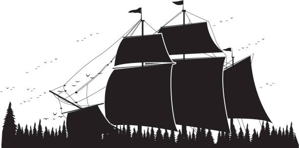 statek z epoki kolonialnej wzdłuż brzegu - kolonializm stock illustrations
