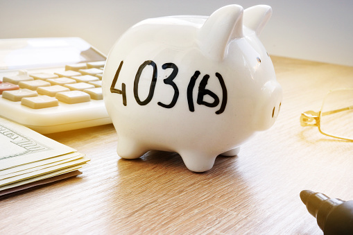 Piggy bank with sign 403b on a side. Retirement plan.