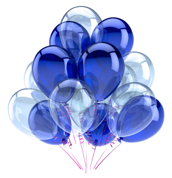 Balloons party happy birthday decoration blue white translucent glossy. Holiday anniversary celebration greeting card design element. 3d illustration