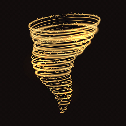 Light hurricane effect. Vector glowing tornado, swirling storm cone of shining stardust sparkles on transparent background