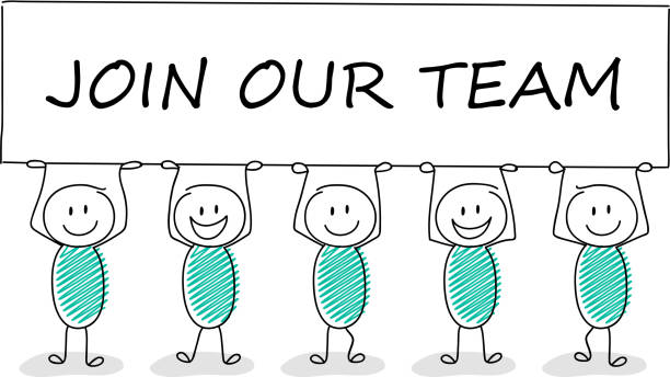 istock Funny business illustration - cartoon stickman holding a banner with slogan: join our team. Vector. 945791094
