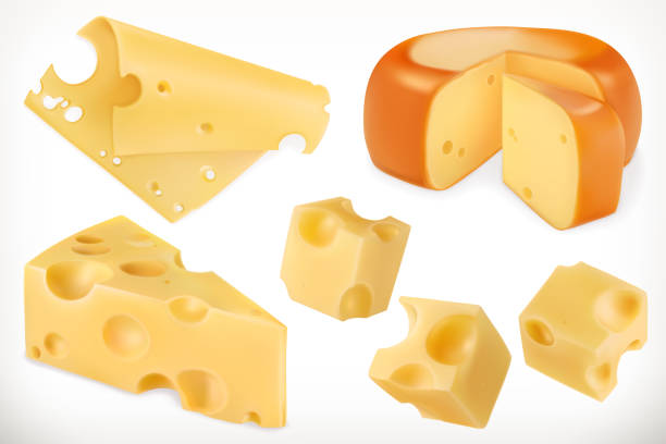 ilustraciones, imágenes clip art, dibujos animados e iconos de stock de queso. conjunto de iconos vectoriales 3d - queso
