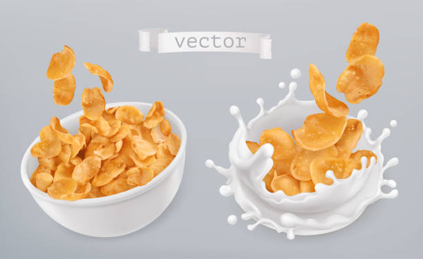 ilustraciones, imágenes clip art, dibujos animados e iconos de stock de copos de maíz y leche salpicaduras. conjunto de iconos de vector realista 3d - corn flakes