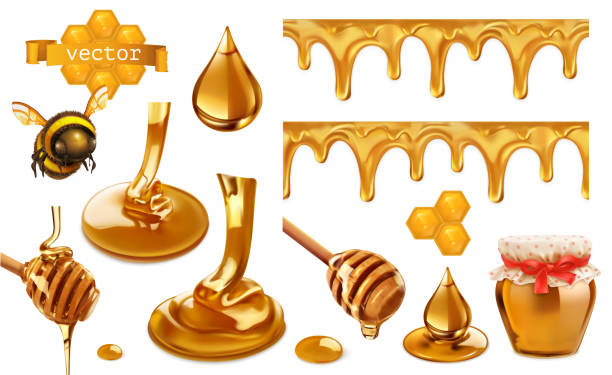 꿀, 벌, 벌집, 드롭, 완벽 한 패턴. 3 차원 벡터 요소를 설정 합니다. 패키지 디자인 - syrup jar sticky isolated objects stock illustrations