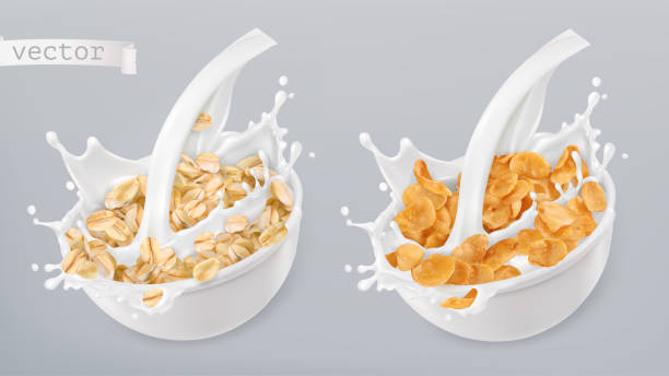 ilustraciones, imágenes clip art, dibujos animados e iconos de stock de enrollados salpicaduras de leche y avena. copos de maíz. conjunto de iconos de vector realista 3d - avena