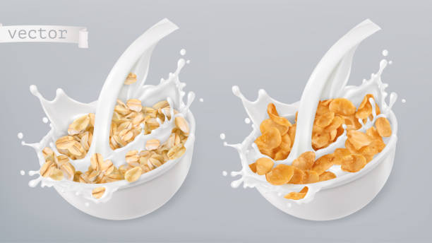 Rolled oats and milk splashes. Corn flakes. 3d realistic vector icon set Rolled oats and milk splashes. Corn flakes. 3d realistic vector icon set grain bowl stock illustrations