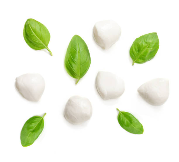 istock Mozzarella cheese and basil leaf  isolated on white background. Top view