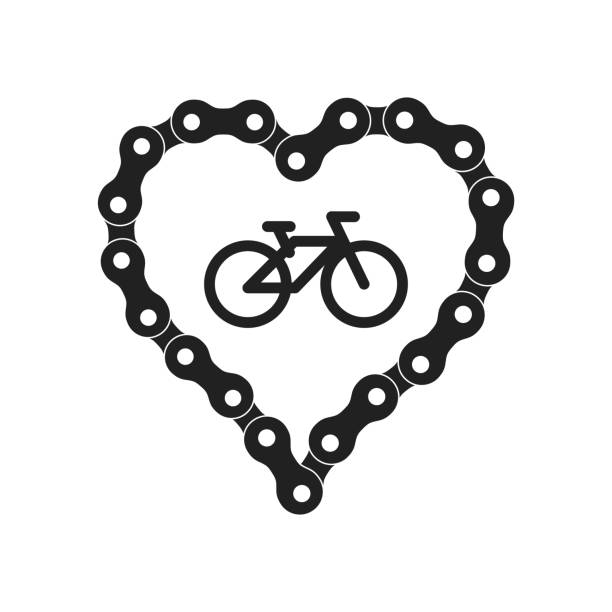 ilustrações, clipart, desenhos animados e ícones de vector coração feito de bicicleta ou a corrente da bicicleta. coração negro silhueta fundo além de ícone de amostra de bicicleta - bicycle chain chain gear bicycle