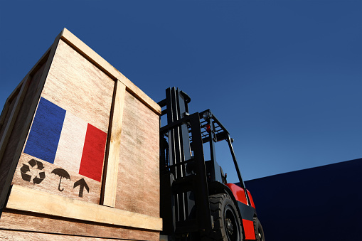 Forklift truck with boxes on pallet. Import export cargo concept.