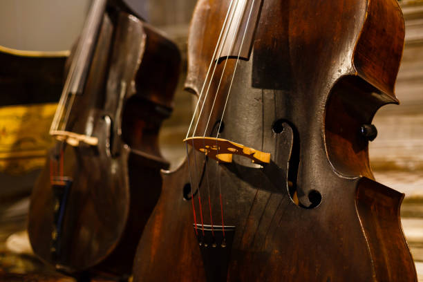 istock Violin musical instruments of orchestra closeup on black 945853646