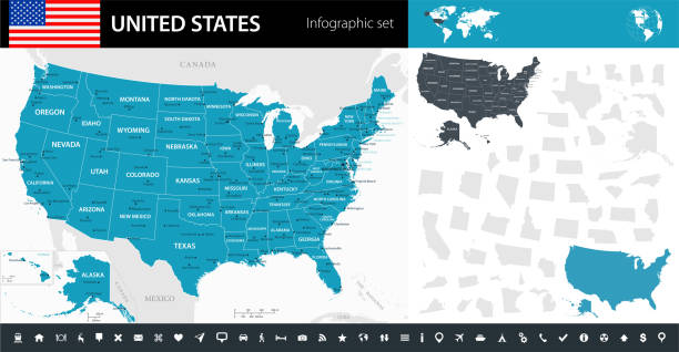 ilustraciones, imágenes clip art, dibujos animados e iconos de stock de mapa de estados unidos - infografía vectorial - mapa de los estados unidos y la bandera estadounidense