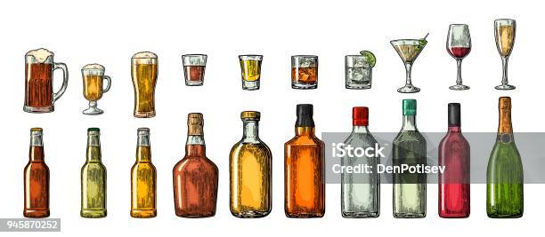 Set Glass And Bottle Beer Whiskey Wine Gin Rum Tequila Cognac Champagne Cocktail Grog Stock Illustration - Download Image Now