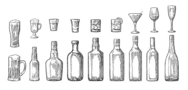 illustrations, cliparts, dessins animés et icônes de set verre et bouteille de bière, whisky, vin, gin, rhum, tequila, champagne, cocktail - whisky cocktail glass rum