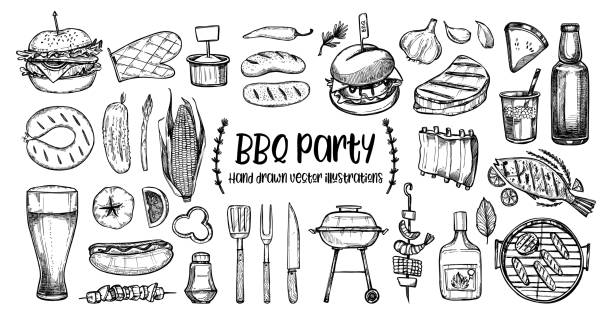 Hand drawn vector illustrations. BBQ collection. Barbeque design elements in sketch style. Fast food.  Perfect for menu, prints, packing, leaflets, advertising Hand drawn vector illustrations. BBQ collection. Barbeque design elements in sketch style. Fast food.  Perfect for menu, prints, packing, leaflets, advertising shish kebab stock illustrations
