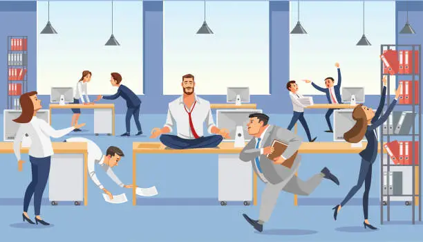 Vector illustration of Business man sit on table in office. Calm in meditation relax. Stressed vector cartoon characters.