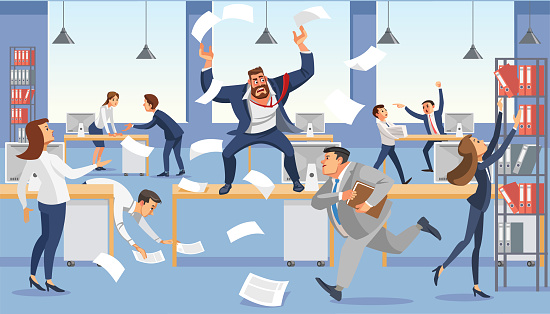 Angry boss shout in chaos office because of failure deadline. Stressed vector cartoon characters. Office workers hurry up with job. Fun cartoon characters. Vector illuctration of work situation in office interior.