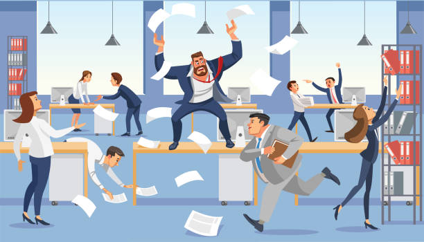 Angry boss shout in chaos office because of failure deadline. Stressed vector cartoon characters. Angry boss shout in chaos office because of failure deadline. Stressed vector cartoon characters. Office workers hurry up with job. Fun cartoon characters. Vector illuctration of work situation in office interior. chaotic stock illustrations