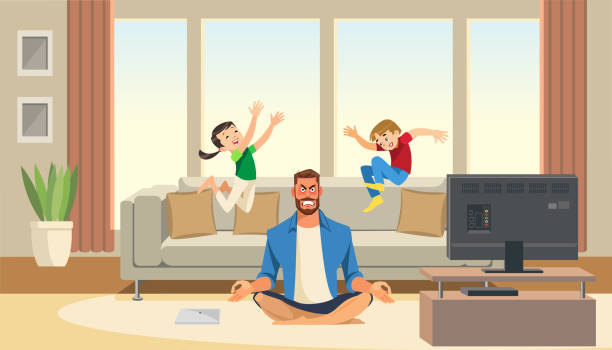 dzieci bawią się i skaczą na kanapie za wściekłym i zestresowanym ojcem medytacji. postacie z kreskówek do domu. - yoga lotus zen like buddhism stock illustrations