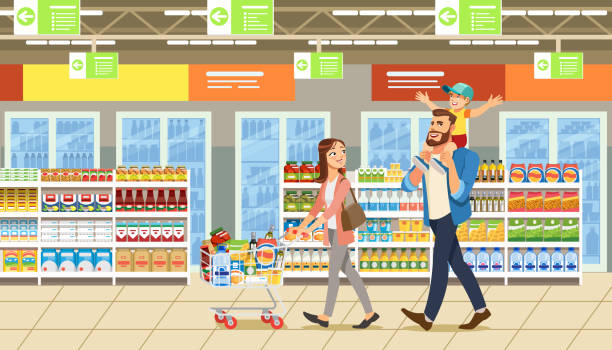 Family shopping in supermarket with product cart. Fun  cartoon characters. Parents and child at shop Family shopping in supermarket with product cart. Father holding son on his shoulders. Fun lifestyle of cartoon characters in mall. Vector illuctration of parents and child at shop. happy family shopping stock illustrations