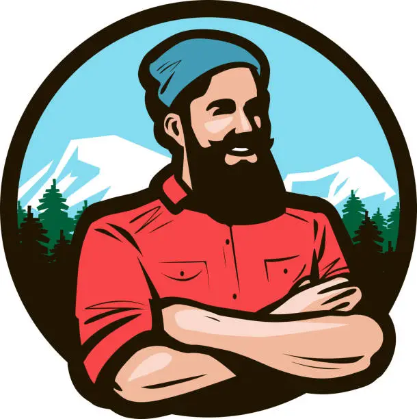 Vector illustration of Happy woodcutter, lumberjack with arms crossed on chest. Cartoon vector illustration