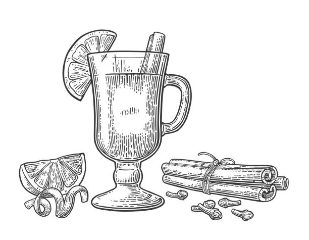 ilustrações de stock, clip art, desenhos animados e ícones de mulled wine with glass and ingredients. - dried apple