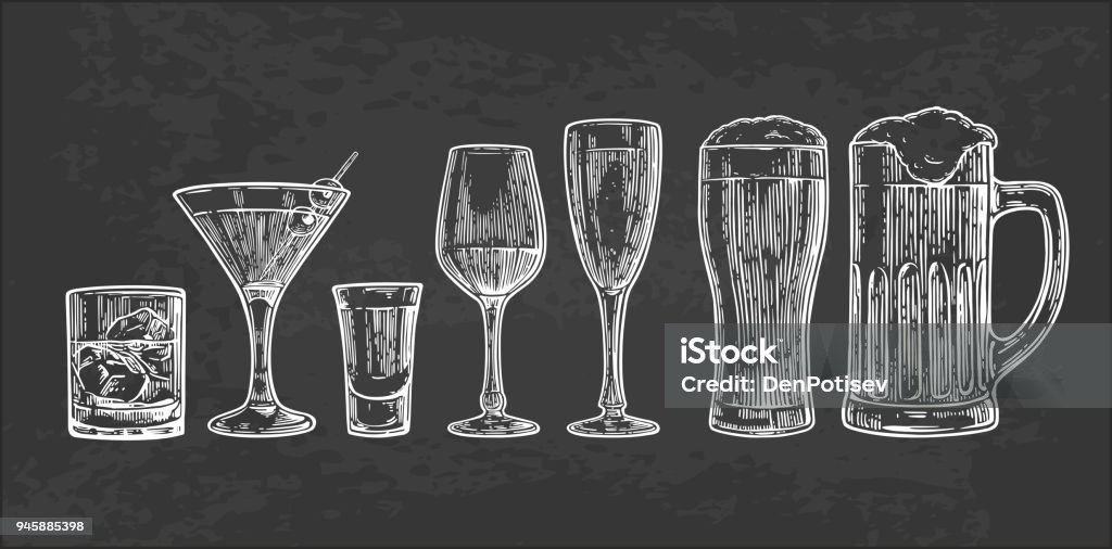 Set glass for beer, whiskey, wine, tequila, cognac, champagne, brandy, cocktails, liquor. Vector engraved illustration isolated on dark vintage background. Alcohol - Drink stock vector