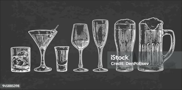 Set Glass For Beer Whiskey Wine Tequila Cognac Champagne Brandy Cocktails Liquor Vector Engraved Illustration Isolated On Dark Vintage Background Stock Illustration - Download Image Now
