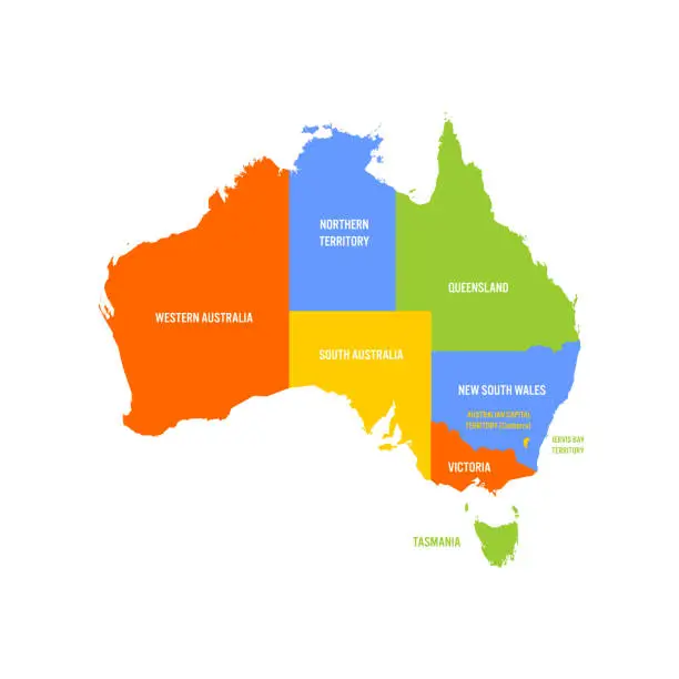 Vector illustration of Simplified map of Australia divided into states and territories. Multicolored flat vector map