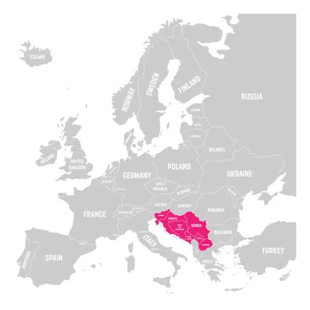 Vector illustration of Former Yugoslavia states. Slovenia, Serbia, Croatia, Montenegro, Bosnia and Herzegovina , Kosovo and Macedonia pink highlighted in the political map of Europe. Vector illustration