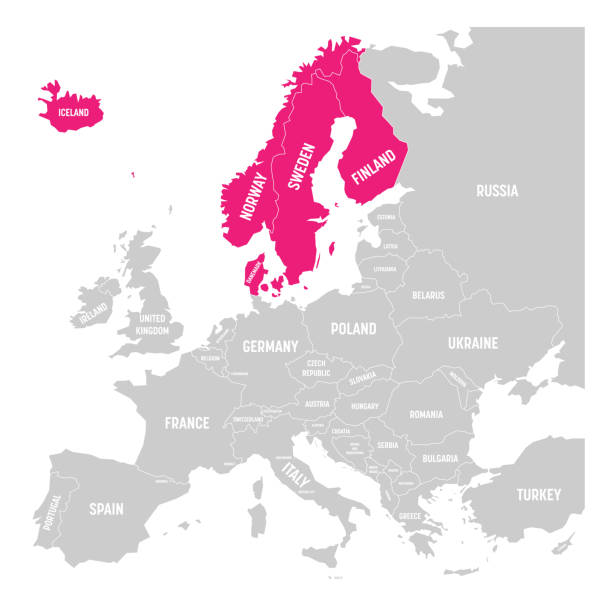 Scandinavian states Denmark, Norway, Finland, Sweden and Iceland pink highlighted in the political map of Europe. Vector illustration Scandinavian states Denmark, Norway, Finland, Sweden and Iceland pink highlighted in the political map of Europe. Vector illustration. Europa stock illustrations